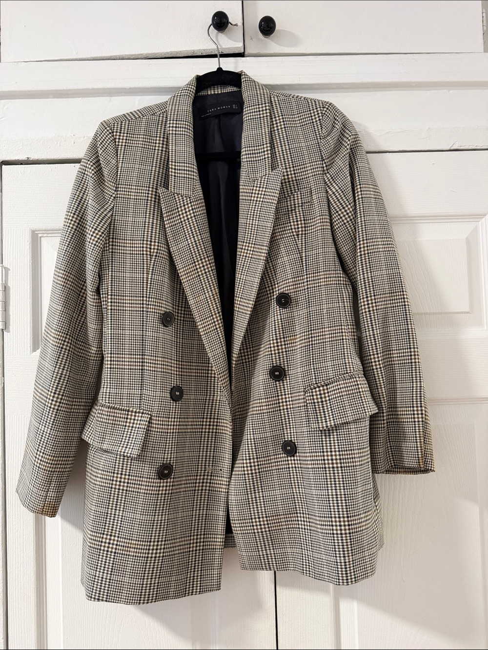 Zara Black & Cream Checked Double-Breasted Blazer